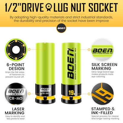 BOEN 19mm 1/2" Drive Wheel Protector Impact Socket, Non-Marring Thin Wall Wheel Protector Nut Socket, Color-Coded, Embossed and Painted Marking, CR-MO Steel - style: 19MM