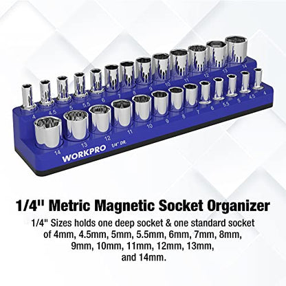 WORKPRO Magnetic Socket Organizer, 1/4-Inch Metric Socket Holder | Hold 26-Piece Sockets, Suitable for Standard and Deep Sockets, Magnetic Base, No Scratches Installation, Socket Not Included - size: 1/4" DR - Metric
