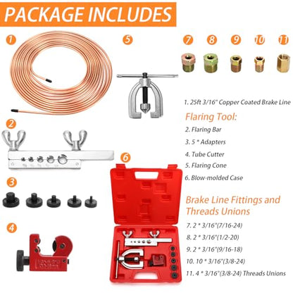 Fasmov 25 ft 3/16" Copper Coated Brake Line Kit, Brake Line Flaring Tool Kit (Includes 16 Fittings and 4 Unions Brake Line Fittings) + Double & Single Flaring Tool Kit
