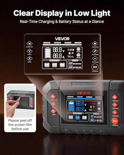 VEVOR Smart Battery Charger, 25A, 6V 12V 24V Ternary Lithium LiFePO4 Lead-Acid (Gel/AGM) Battery Charger, with 3.4-Inch LCD Display, Trickle Charging Maintainer Desulfator, for Car, Boat, Motorcycle - size: 25A