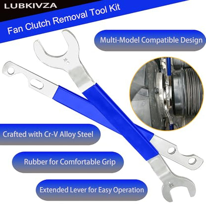 Professional Fan Clutch Removal Tool Kit with 32mm & 36mm Wrench Set and Water Pump Pulley Holder for BMW, Ford, GM, Dodge, Chevrolet, Jeep