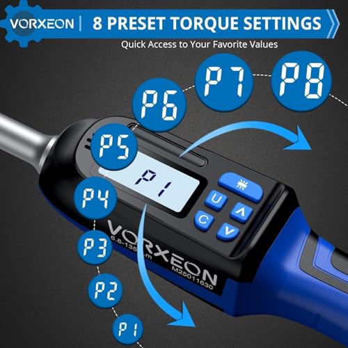 Digital Torque Wrench 3/8 inch Drive with Preset Value, Track and Peak Modes, LED and Buzzer Alerts, 4 Units of Measure for Bike Motorcycle Car, 4.9-99.6 Ft-Lb/6.8-135 Nm