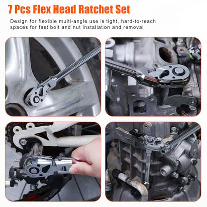 Matework 7Pcs Flex Head Ratchet Set, 1/4”, 3/8” and 1/2” Drive Swivel Ratchet Wrench with 180° Flex Head, 90 Tooth, Quick-Release, Extra Long Handle Ratchet with Extension Bar and EVA Foam, CR-V Steel - size: 7pcs 90T Flex Head Ratchet Set