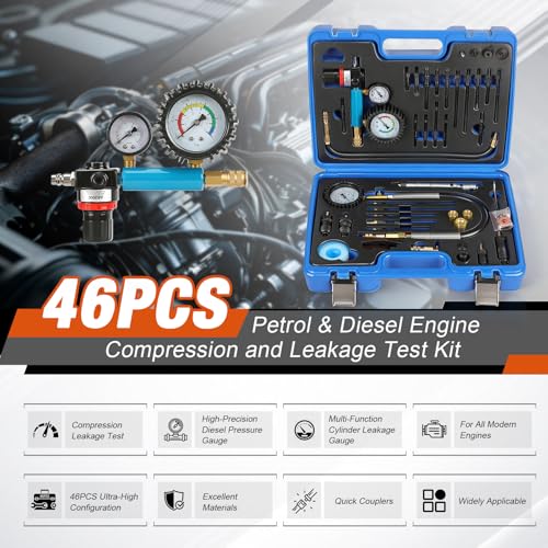 Compression Tester Automotive Kit,46Pcs Petrol & Diesel Compression Gauge Tester Set for Gasoline Engine,Tester Kit with Compression Gauge,Dual-Meter Leak Detector with Adapters,Quick-Connect Hose
