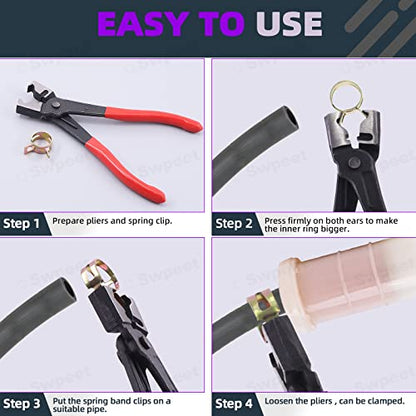 Swpeet 121Pcs 7-22mm Spring Band Hose Clamps with CV Boot Hose Clip Pliers Assortment Kit, Silicone Vacuum Hose Action Pipe Clamp Low Pressure Air Clip