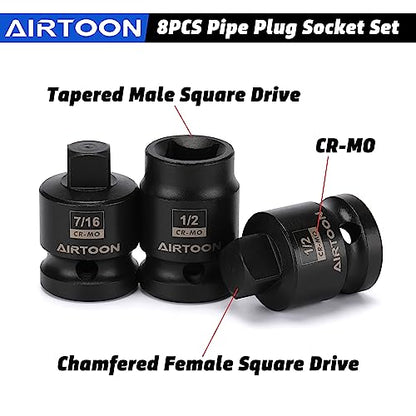 1/2" Drive Pipe Plug Socket Set, 8-Piece, SAE, CR-MO, 7/16" - 5/8", Tapered Male Square Drive, Chamfered Female Square Drive - size: 1/2" Drive
