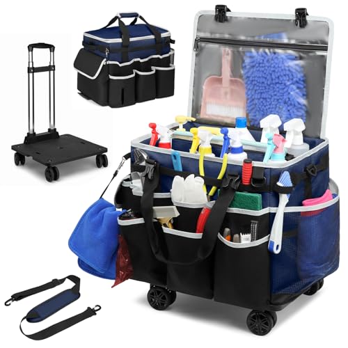 Large Rolling Cleaning Caddy Bag with Detachable Trolley, Full Support Plates for Professional Cleaning Supplies Bag, Organizer Bag with 4 Universal Wheels for Housekeepers, Car Wash (Blue) - color: Blue