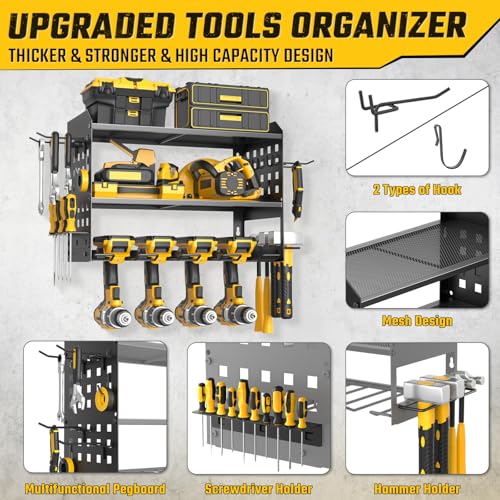 SUNALLY Power Tool Organizer, Heavy Duty Wall Mount Tool Organizer 3 Layers with 4 Drill Holders, Garage Tools Storage Rack with 2 Side Pegboards and Hooks for Workshop, Shed, Black - style: 4 Drill Holders C