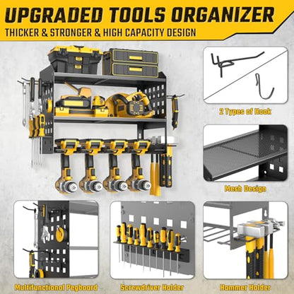 SUNALLY Power Tool Organizer, Heavy Duty Wall Mount Tool Organizer 3 Layers with 4 Drill Holders, Garage Tools Storage Rack with 2 Side Pegboards and Hooks for Workshop, Shed, Black - style: 4 Drill Holders C
