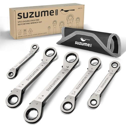 SUZUME 5PCS Offset Box End Reversible Ratcheting Wrench Set SAE (1/4"-7/8") Offset 25° Ratchet Wrenches Set for Auto Repair Engine Narrow Spaces with Rolling Pouch - size: SAE