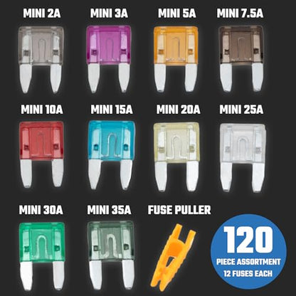 NEIKO 50503A Mini Car Fuses Assortment Set, 120pc, Fast Acting, Auto Fuses Kit, Standard Sizes, 2A, 3A, 5A, 7.5A, 10A, 15A, 20A, 25A, 30A, and 35 Amp, Marine Boat, RV, Car Fuse Kit, Fuse Puller - style: Mini Car Fuse Set