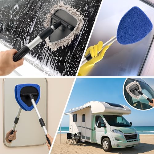 Windshield Cleaner Tool with 180° Rotating Head, Car Window Cleaner Tool with Extendable Handle and 4 Reusable Microfiber Pads, Car Windshield Cleaning Brush for Effortless and Efficient Cleaning