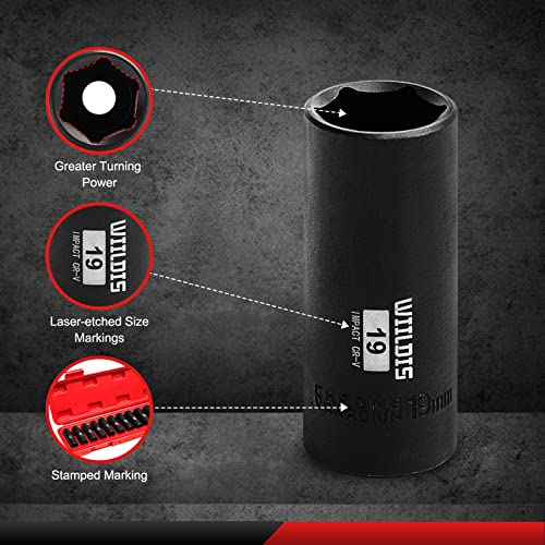 WIILDIS 14 Pieces 3/8-Inch Drive Deep Impact Socket Set, 7mm to 21mm, CR-V, Metric, 6-Point, 14 Pieces 3/8" Dr. Socket - size: METRIC - 14pcs