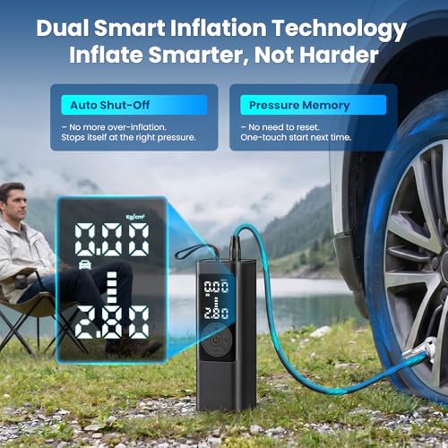 FamilyKit Tire Inflator Portable Air Compressor – 6000mAh 150 PSI Cordless Air Pump, Fast Inflation 24L/Min, 4 Preset Modes & 12V DC, Pressure Gauge Display, LED Light for Car, Bike, Motorcycle, Balls
