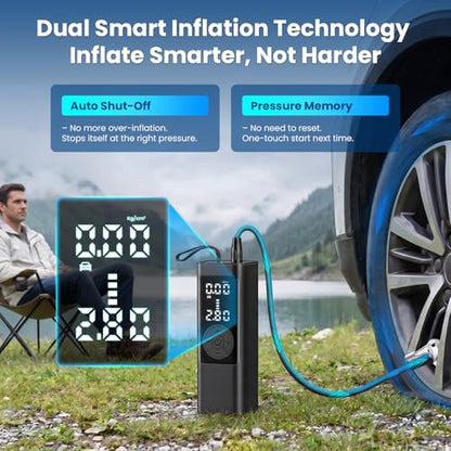 FamilyKit Tire Inflator Portable Air Compressor – 6000mAh 150 PSI Cordless Air Pump, Fast Inflation 24L/Min, 4 Preset Modes & 12V DC, Pressure Gauge Display, LED Light for Car, Bike, Motorcycle, Balls