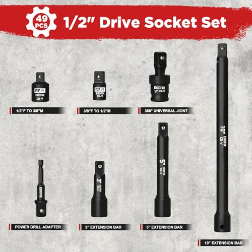 1/2" Drive Impact Socket Set 49 Piece, Standard and Deep Metric Socket (9-25mm, 27, 30, 32mm), Includes Extension Bars, Universal Joint and Adapter, 6 Point Design,Cr-V steel - style: 1/2-49PCS