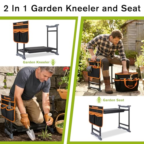 Garden Kneeler and Seat with Umbrella, 2-in-1 Foldable Gardening Stool with Adjustable Bracket, Detachable Tool Bags, Heavy Duty Kneeling Pad for Gardening (Black Orange) - color: Black & Orange