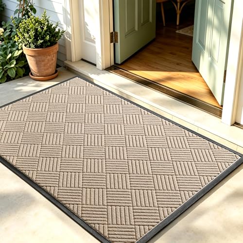 Front Door Mat, Heavy Duty Waterproof Rubber Doormat for Indoor Outdoor, Non-Slip Low Profile Dirt Trapper Absorbent Mat for Entryway, Stain Fade Resistant Easy Clean 47.5"x35.5", Beige - color: Beige, size: 2'11" x 3'11" (Rectangular)