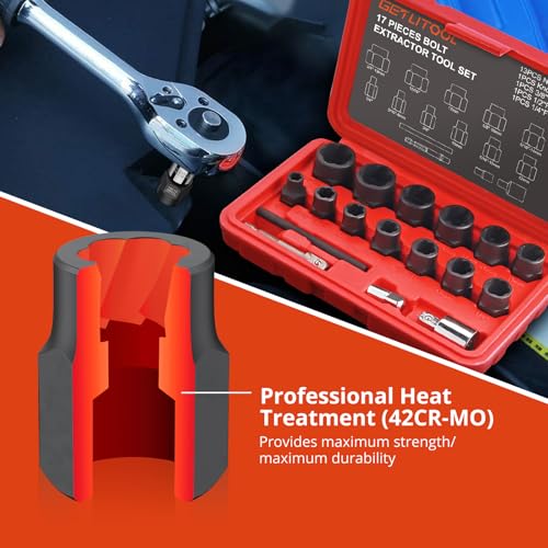 GETLITOOL 17Pcs Impact Bolt Extractor Tool Set, 42CR-MO Impact Bolt & Nut Remover Set with Storage Case, Nut Extractor Socket with Adapter for Car Repair, Machine Maintenance, Tools for Men's Gift