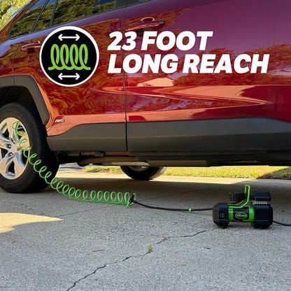 Slime 40045 Home Tire Inflator, Wall Mounted 120V, SUV, 4x4 Air Compressor, Heavy Duty, 2X Pro Power, with Analog 100 psi Dial Gauge, Long Hose and LED Light, 4 min Inflation - style: Pro Power, Wall Mounted