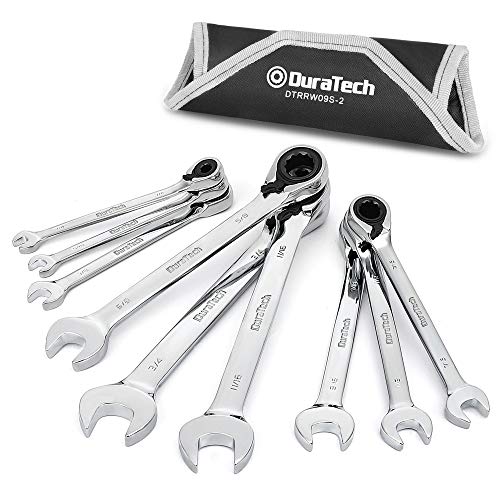 DURATECH Reversible Ratcheting Combination Wrench Set, SAE, 9-Piece, Open end Spanner with Rolling Pouch, 1/4'' to 3/4", 12 Point, CR-V Steel - size: Sae