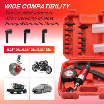 Handheld Vacuum Pump Brake Bleeder Kit, Multi-Functional Vacuum & Pressure Tester Set with Gauge, Hoses, Adapters and Fluid Reservoirs, for Automotive Brake, Clutch and Fluid Extraction ((23PC-Red))