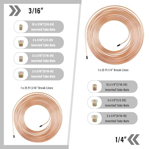 25Ft 1/4 and 3/16 Brake Line Kit with Includes 32 Inverted Flare Brake Line Fittings and Double & Single Brake Line Flaring Tool Kit,Copper Coated Brake Line Repair Kit