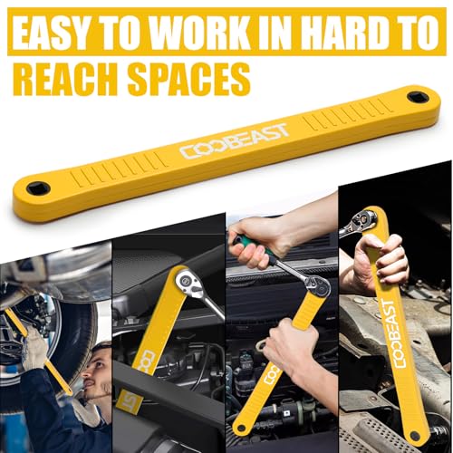 coobeast Offset Extension Wrench Impact Ready Socket Wrench Extender Tool with Versatile 1/4", 3/8", and 1/2" Square Drive Adapters, Universal Extensions Wrench for Small Place, Yellow - color: Yellow, size: 13.4 inch