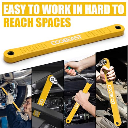 coobeast Offset Extension Wrench Impact Ready Socket Wrench Extender Tool with Versatile 1/4", 3/8", and 1/2" Square Drive Adapters, Universal Extensions Wrench for Small Place, Yellow - color: Yellow, size: 13.4 inch