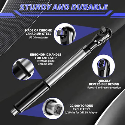 1/2“ Offset Extension Wrench Impact for Electric Drill,Electric Ratchet Wrench Extender for Tight Spaces with 1/2",3/8",1/4" Inch Socket Adapters and Drill Bit (blew case)