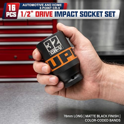 16 Piece 1/2" Drive Impact Socket Set, 10-32 mm Thicker Deep Sockets, Metric Socket Set, 6-Point, Cr-V, Automotive and Home - size: 1/2" 16pcs Metric