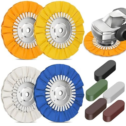 8" Airway Buffing Wheel, 9PCS Aluminum Polishing Wheel Kit for Angle Grinder, 4PCS Airway Buffing Wheels (5/8" Arbor) + 5PCS Polishing Compound Bars, Mirror Finish Metal Polishing & Detailing Kit