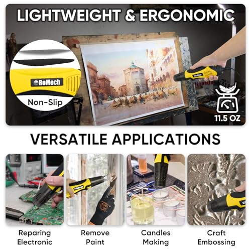ROMECH 350W Heat Gun with 2 Nozzles, Dual Temp Heat Gun 400°F-660°F, Fast Heat Hot Air Gun with Overload Protection for DIY Craft Embossing Shrink Wrapping (Yellow) - color: Yellow