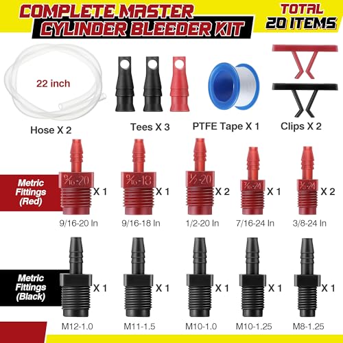 Enhon Master Cylinder Bleeder Kit Complete Brake Bleeder Kit with 22 in Clear Hose, Clip, PTFE Tape, SAE and Metric Fittings Universal Fit (20 Pcs)