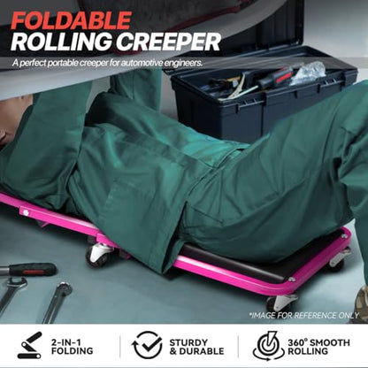 Foldable Creeper, 2-in-1 Rolling Garage Z Creeper Car & Seat, 36" Roller Mechanics Under Car Chair, 330 LBS Weight Capacity Heavy Duty, Rose Pink - color: Pink, size: 36 Inch Length