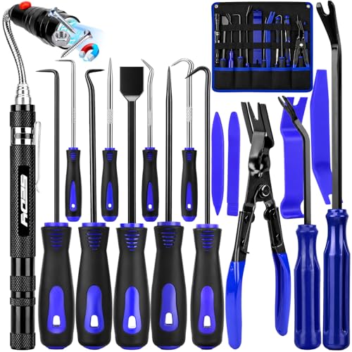 17PCS Pick and Hook Tool Set with Magnetic Pickup Tool, Trim Removal Tools, Clip Removal Plier, Fastener Removers and Gasket Scraper for Automotive, O-Ring, Gasket, Hose, Panel Removal and Car Repair - color: 17PCS Full Removal Tool Kit