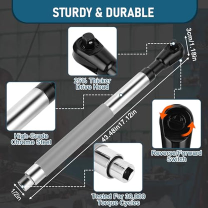 1/2 Inch Offset Extension Wrench Impact, Black | Strong Torsion Output Steel, 6 Sockets & 1 Adapter Rod, For Tight & Narrow Spaces - color: Black