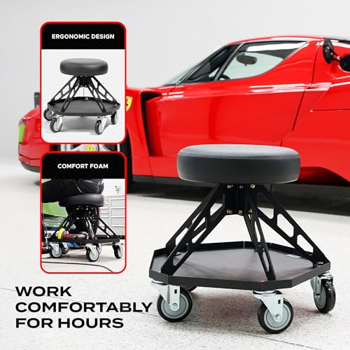 Vyper Robust Steel Pro Garage Stool Large Wheels, Black Frame | Robust steel garage stool with 400 lb capacity, large industrial casters, foam seat, tool tray, and red frame for auto or DIY - color: Black Seat, Black Frame
