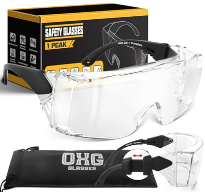 OXG Anti Fog Safety Glasses, ANSI Z87.1 Protective Eyewear with Side Shields, UV Protection Lens, Adjustable Temples - color: 1 Pack Clear