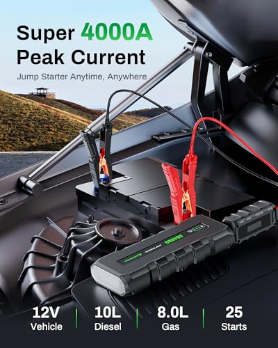 4000A Jump Starter,12V Battery Jumper Starter Portable with 18W Quick Charger, Car Jump Starter Battery Pack(10L Gas 8L Diesel Engine) with Booster,LED Light,Jumper Cables & EVA Case