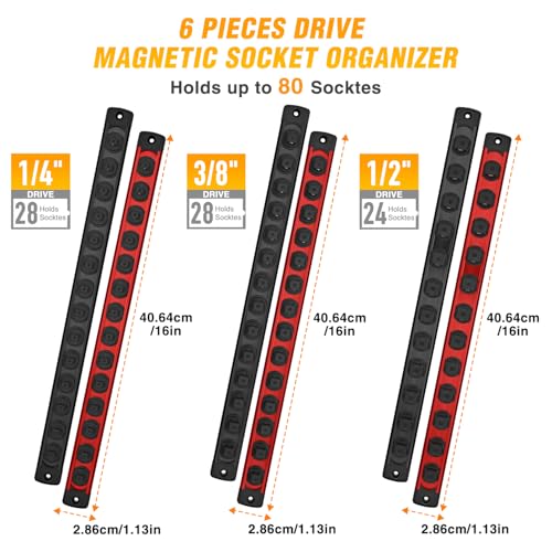 GOOACC Magnetic Socket Organizer 1/4" 3/8" 1/2" Socket Holder Set with 80 360° Swivel Clips Heavy Duty Aluminum Socket Rail Organizer for Tool Box Drawer, 6 Pieces Magnetic Drive Socket Rails Holders - size: Rail Magnetic 6PC 1/4"3/8"1/2" Red Black