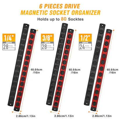 GOOACC Magnetic Socket Organizer 1/4" 3/8" 1/2" Socket Holder Set with 80 360° Swivel Clips Heavy Duty Aluminum Socket Rail Organizer for Tool Box Drawer, 6 Pieces Magnetic Drive Socket Rails Holders - size: Rail Magnetic 6PC 1/4"3/8"1/2" Red Black