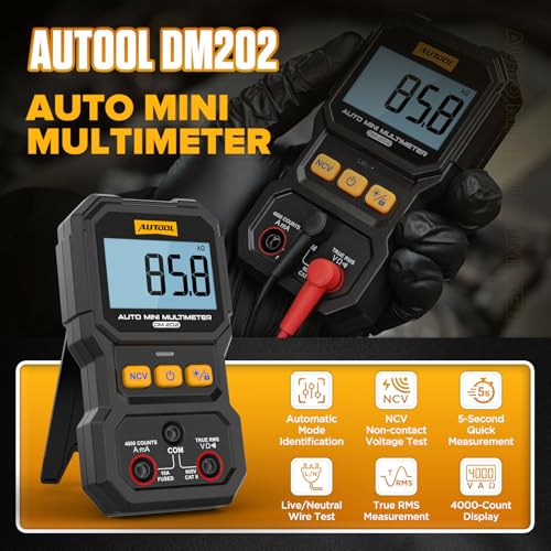 AUTOOL DM202 Mini Digital Multimeter, Auto-Ranging 4000 Counts True RMS NCV Non-Contact Voltage Tester, 600V AC/DC Voltmeter with Backlight, Automotive Electrical Diagnostic Tool