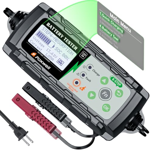 FOXWELL BC521 2-in-1 Battery Charger & Tester, 12V 5A, Test Before Charging | Test Car Battery Health, Cranking and Alternator Output, Then Use 8-Stage Charging, Pulse Repair Or Battery Maintenance