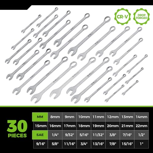 Der Erwachte Combination Wrench Set,SAE & Metric,30-Piece, 1/4'' to 1'' & 8-22mm,CR-V Steel,with Rolling Pouch - size: 30 Piece (Metric+Sae)