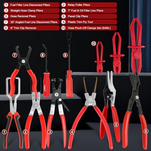 18-Piece Automotive Fuel Line Disconnect Tool Kit & Hose Clamp Pliers Set with Fuel Line Pliers, Hose Removal Pliers, Relay Puller Pliers, Panel Clip Pliers, Pinch-Off Clamps, Trim Tools & Toolbox - color: 18 Pcs Hose Clamp Pliers Set