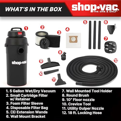 Shop-Vac 9522205 5 Gallon 5.5 Peak HP Hangup Wet/Dry Vacuum, 1.25 Inch Diameter x 18 Foot Hose, 6 Foot Cord, Wall Mount Included, Ideal for Garage, Workshop & Home