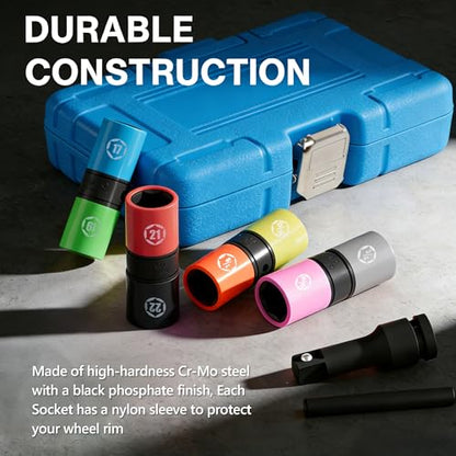 6Pcs Drive Lug Nut Socket Set, 17 19 21 22 mm & 3/4" 13/16" 7/8" 15/16" | 1/2" Thin Wall Impact Flip Sockets for Wheel lug Nuts with Non-Marring Sleeves,Knockout Bar & Extension CR-MO - color: 6pcs