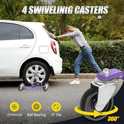 TUFFIOM Car Wheel Dolly Set of 4, Mechanical 6000-lbs Car Dollies, 12'' Wheel Vehicle Positioning Jack, No Assembly, Heavy Duty Rollers w/Ratcheting Foot Pedal, for Tire Auto Repair, Purple - color: Purple-Silver,Set of 4