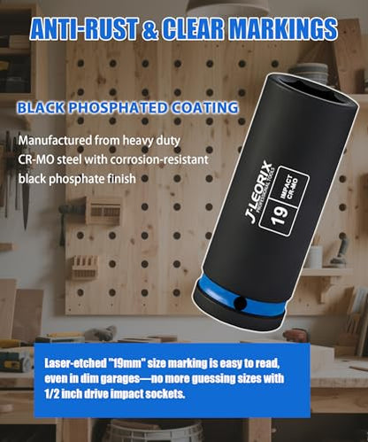 19mm Deep Impact Socket 1/2" Drive CR-MO Steel 6-Point | CR-MO steel impact socket set. 1/2" drive, 6-point design. Deep reach for lug nuts & axle nuts. - size: 19mm